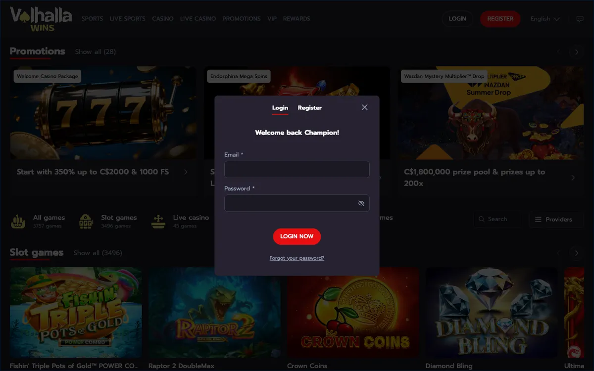 Valhalla Wins Casino — «Регистрация», снято из страны Канада