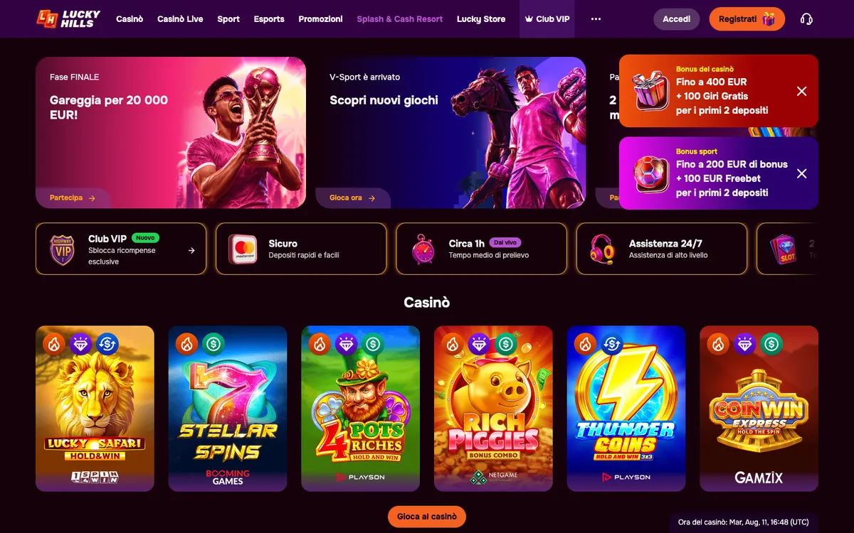 LuckyHills Casino — Home page, captured from Italy