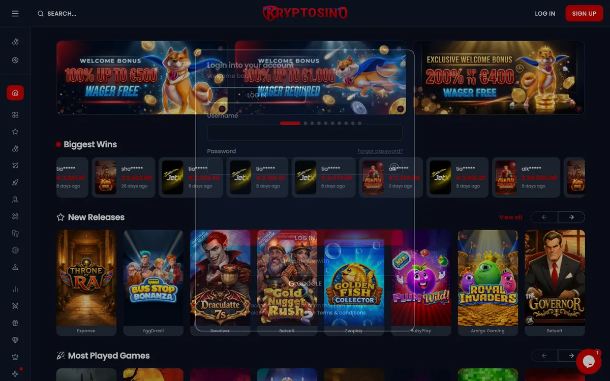 Kryptosino Casino — Sign-up, captured from Austria