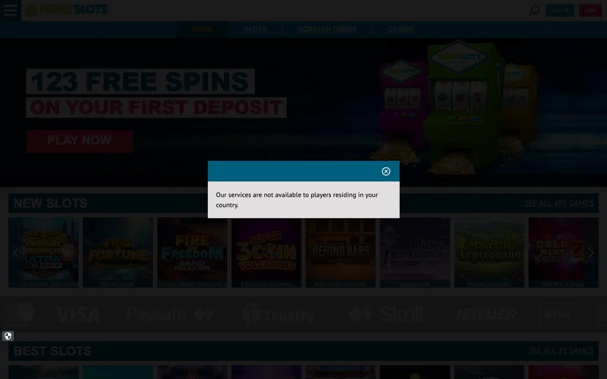 Prime Slots Casino — «Регистрация», снято из страны Швейцария