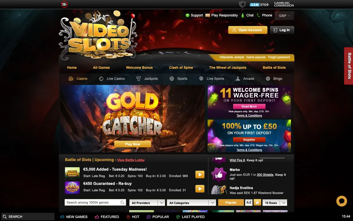 Videoslots Casino — Home page, captured from United Kingdom