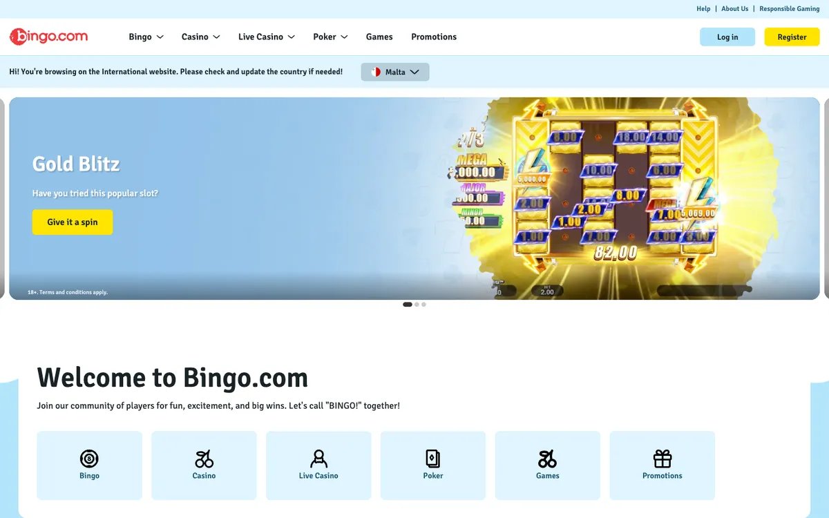 Bingo.com Casino — Home page, captured from Switzerland