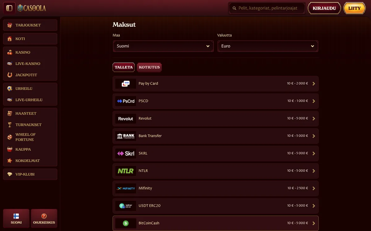 CasoolaCasino — Payments, captured from Finland