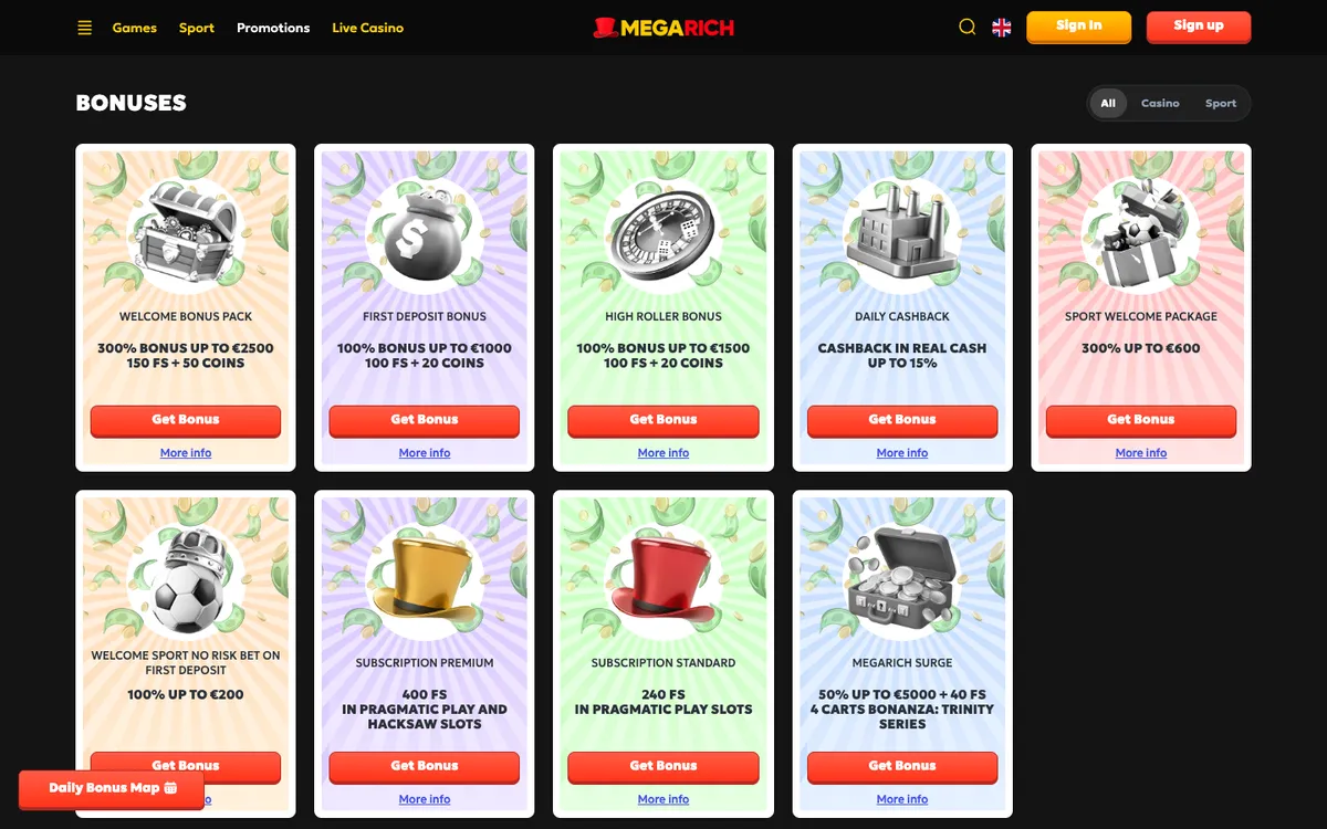 Megarich Casino — Promotions, captured from Belgium