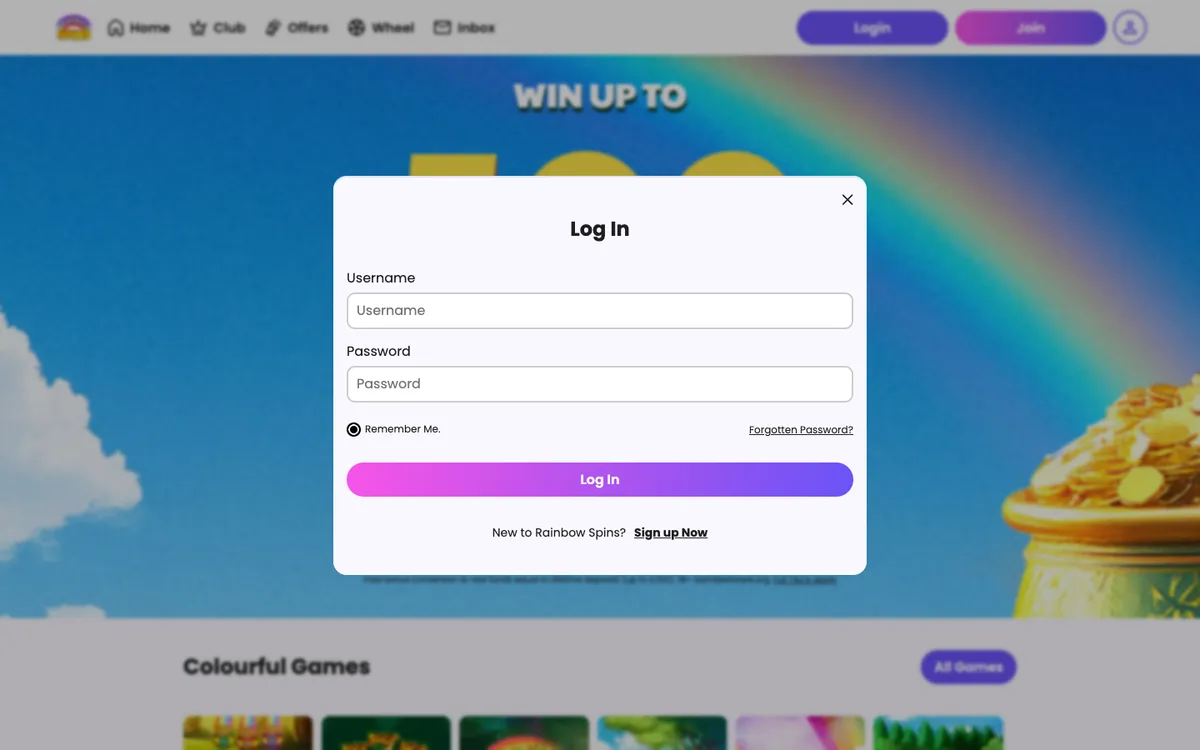 Rainbow Spins Casino — «Регистрация», снято из страны Великобритания