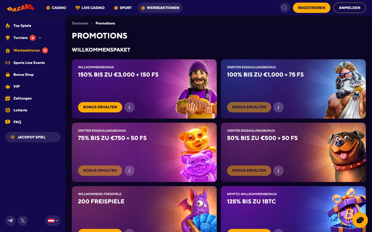 Dazard Casino — «Акции», снято из страны Австрия