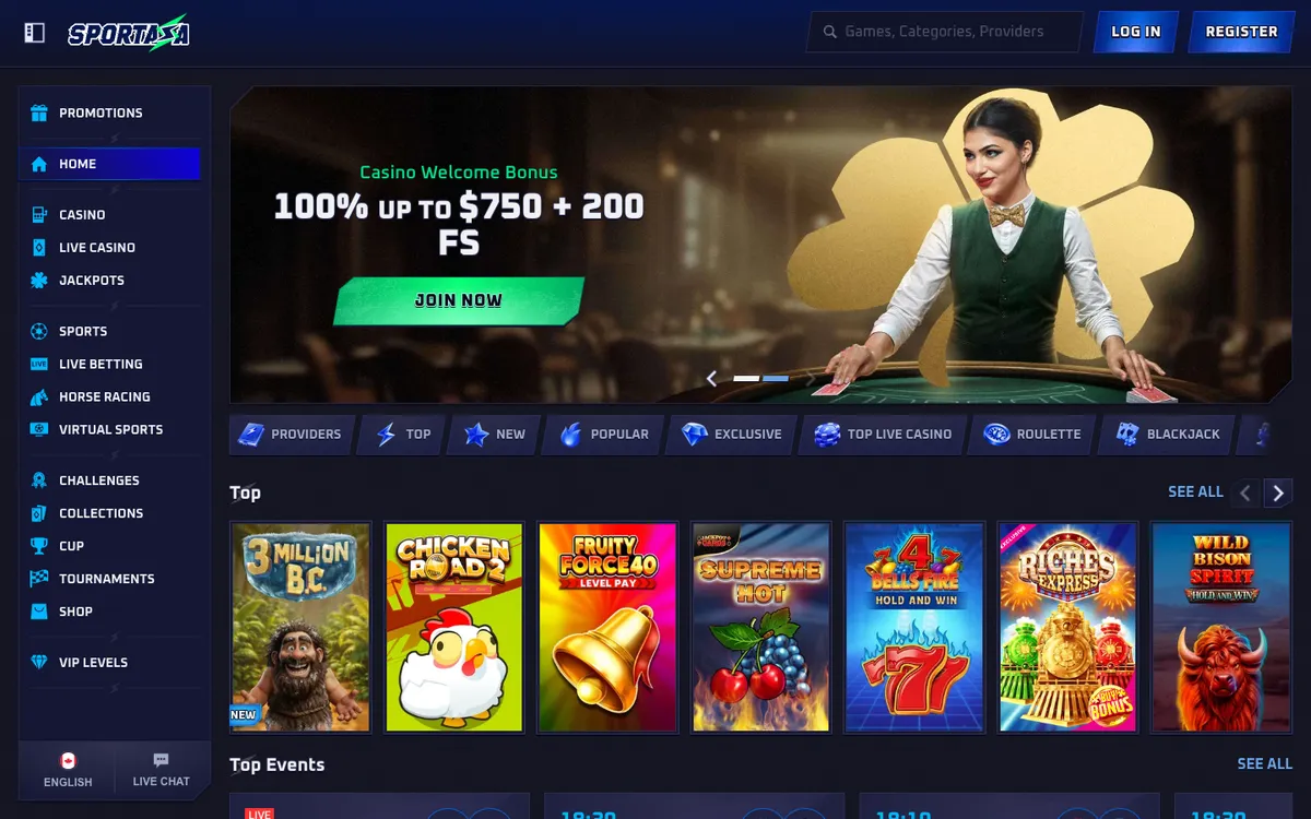 Sportaza Casino — Home page, captured from Canada