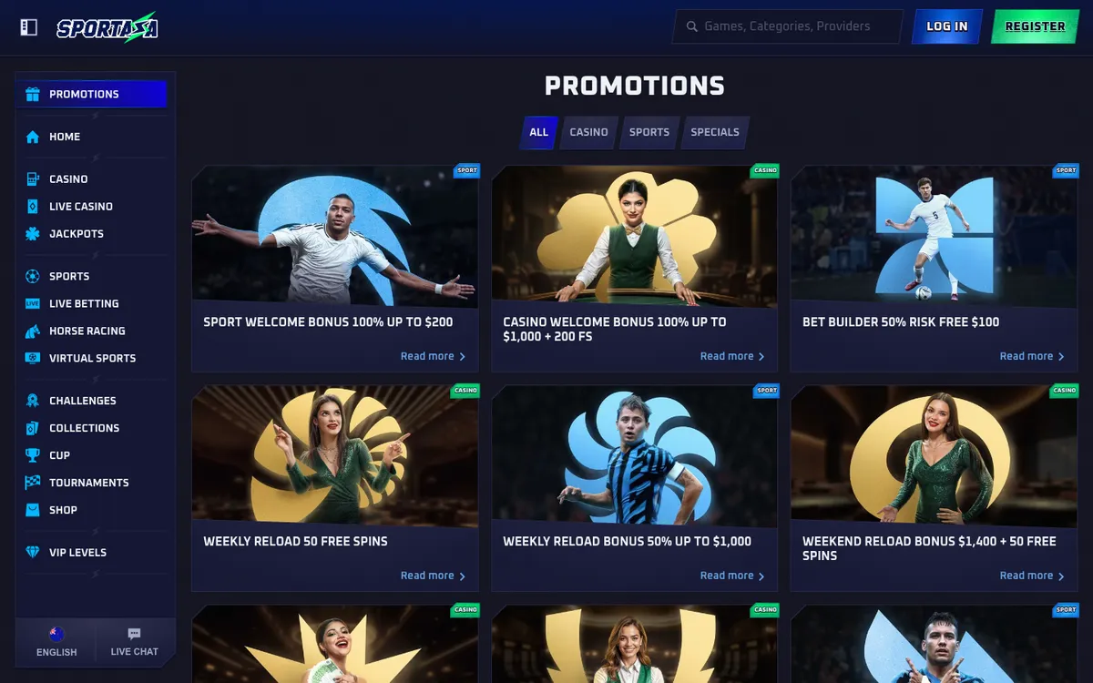 Sportaza Casino — Promotions, captured from New Zealand