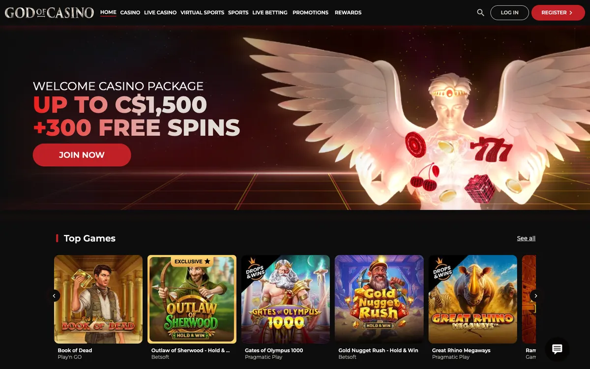 God of Casino — Home page, captured from Canada