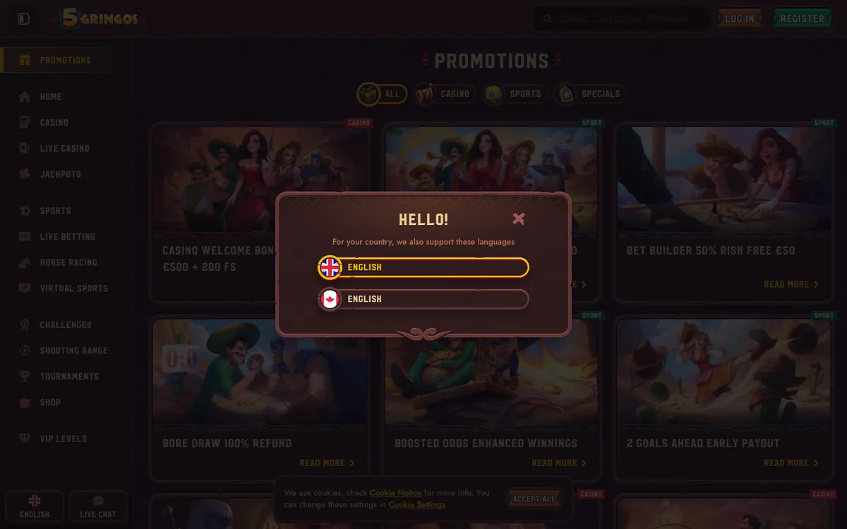 5Gringos Casino — Promotions, captured from Canada