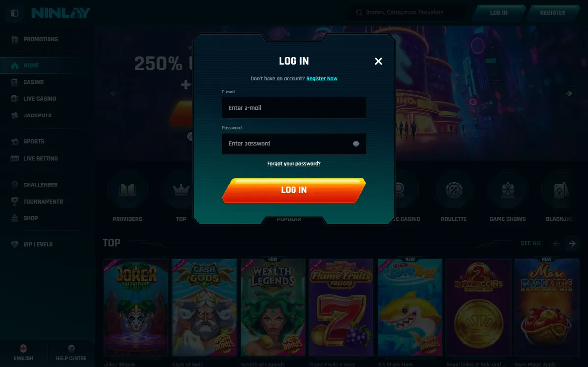 Ninlay Casino — «Регистрация», снято из страны Канада