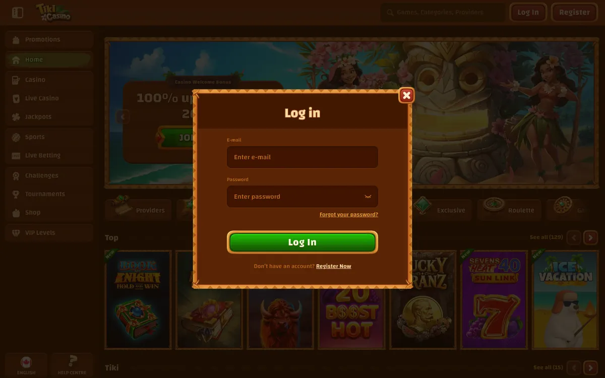 Tiki Casino — Sign-up, captured from Canada