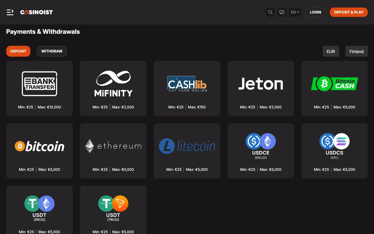 Casinoist Casino — Payments, captured from Finland