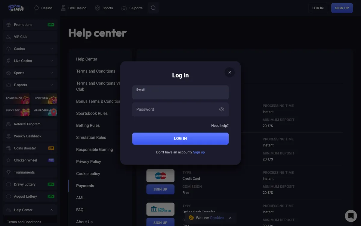 Spin Aura Casino — Sign-up, captured from Canada
