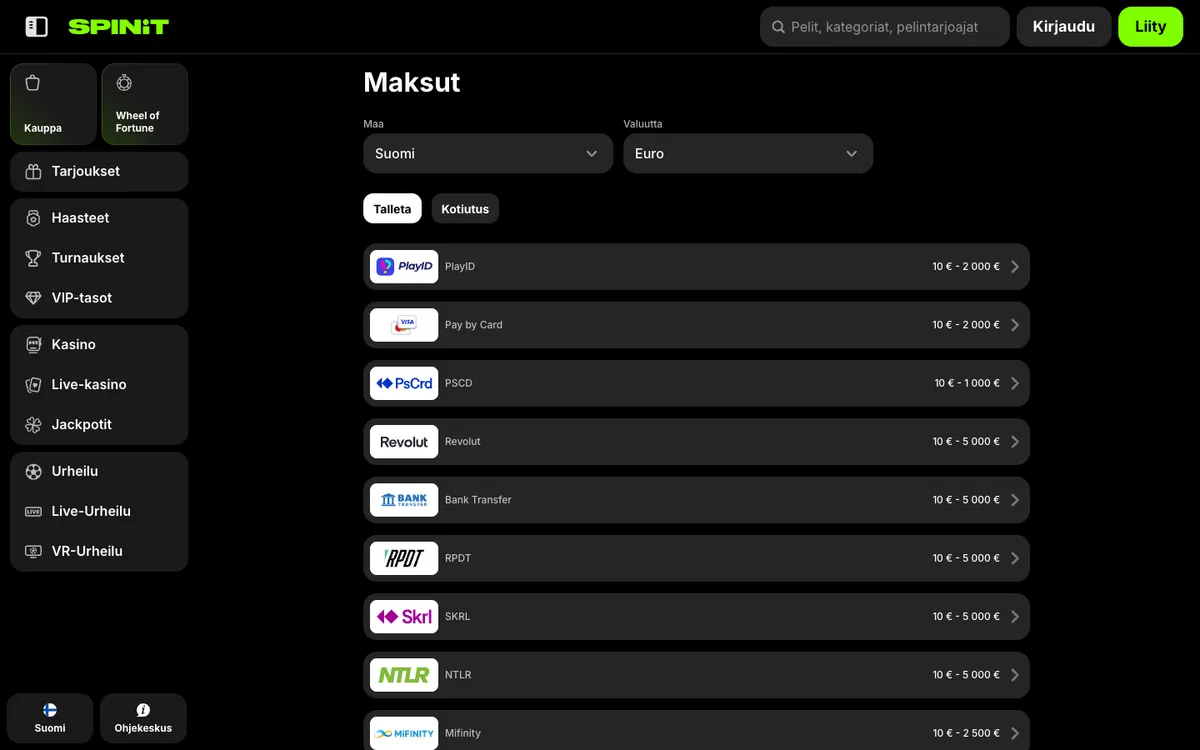 Spinit Casino — Payments, captured from Finland