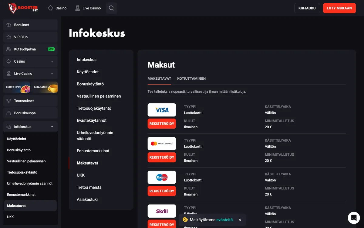 Rooster Bet Casino — «Платежи», снято из страны Финляндия