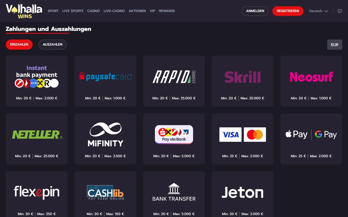 Valhalla Wins Casino — Payments, captured from Austria
