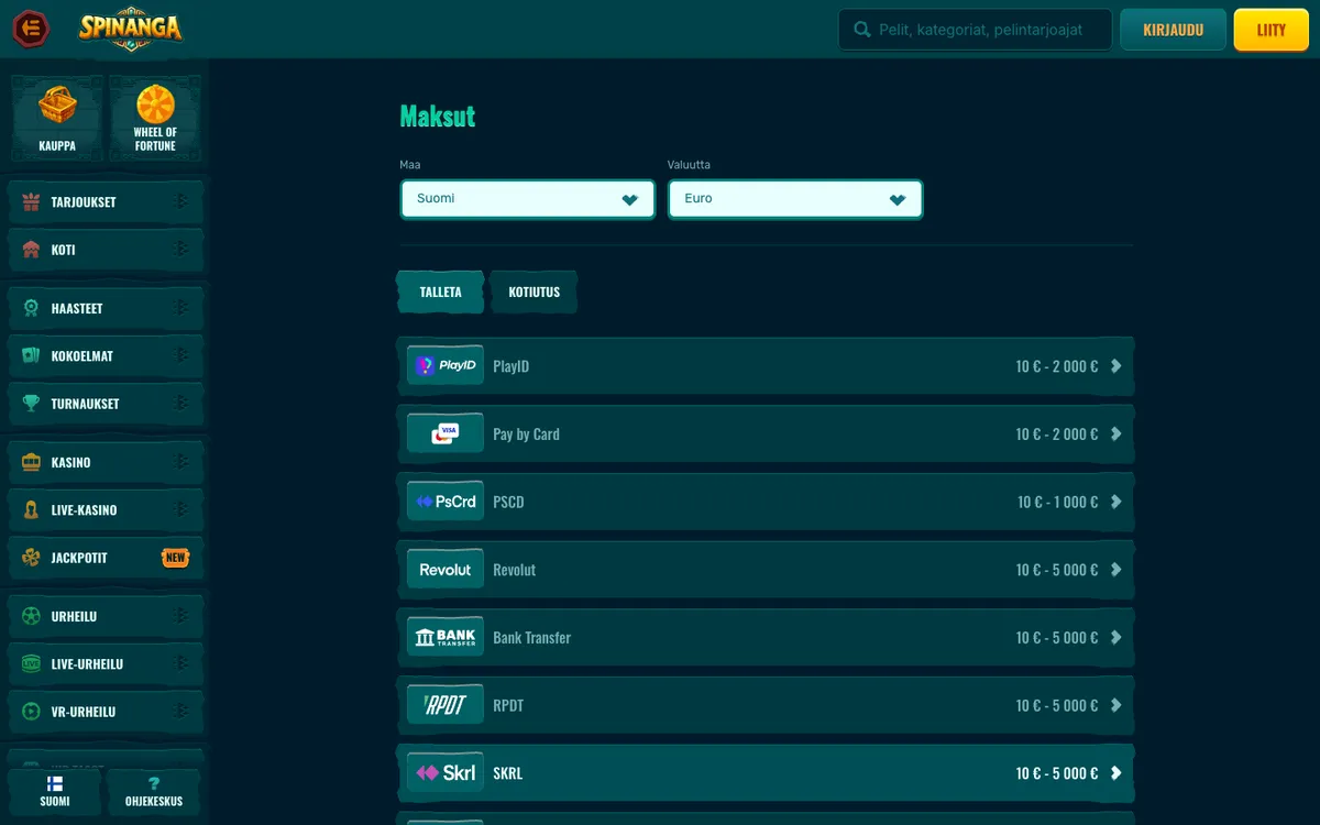 Spinanga Casino — Payments, captured from Finland