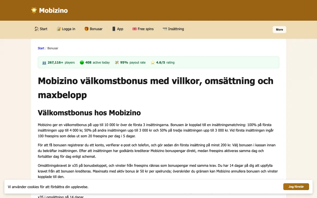 Mobizino Casino — Promotions, captured from Australia