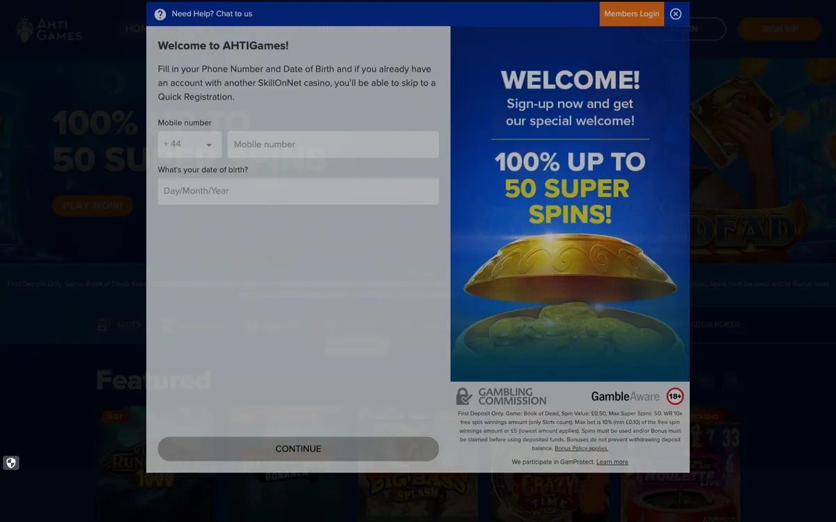 AHTI Games Casino — Sign-up, captured from United Kingdom