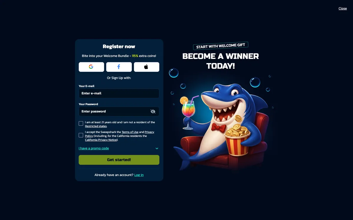SweepShark Casino — Sign-up, captured from United States