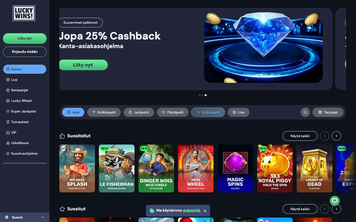 LuckyWins Casino — Home page, captured from Finland