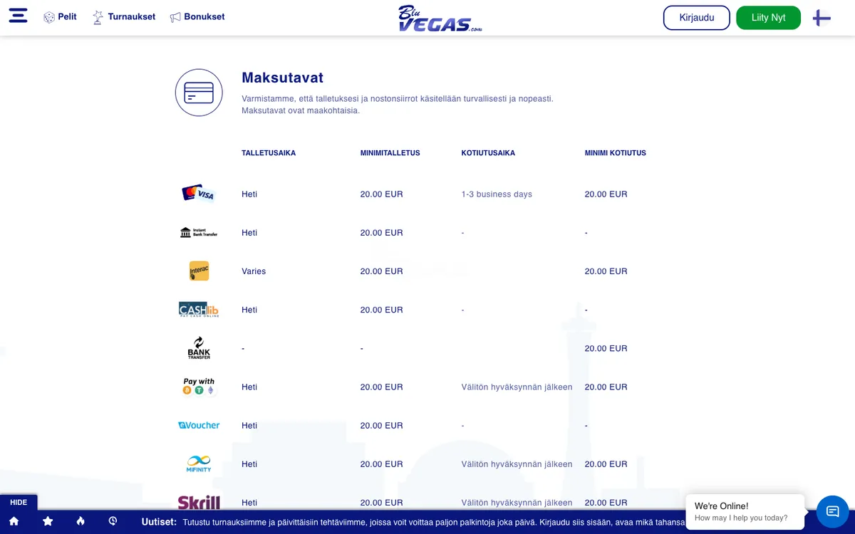 BluVegas Casino — «Платежи», снято из страны Финляндия