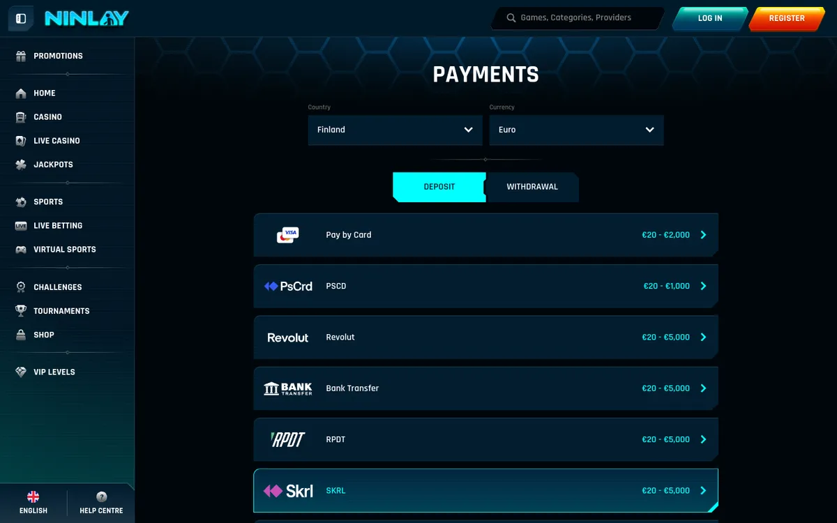 Ninlay Casino — Payments, captured from Finland