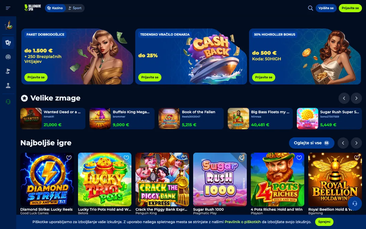 Billionairespin Casino — Home page, captured from Slovenia