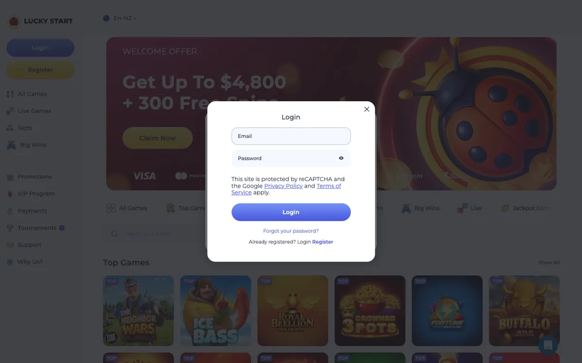 Luckystart Casino — Sign-up, captured from New Zealand