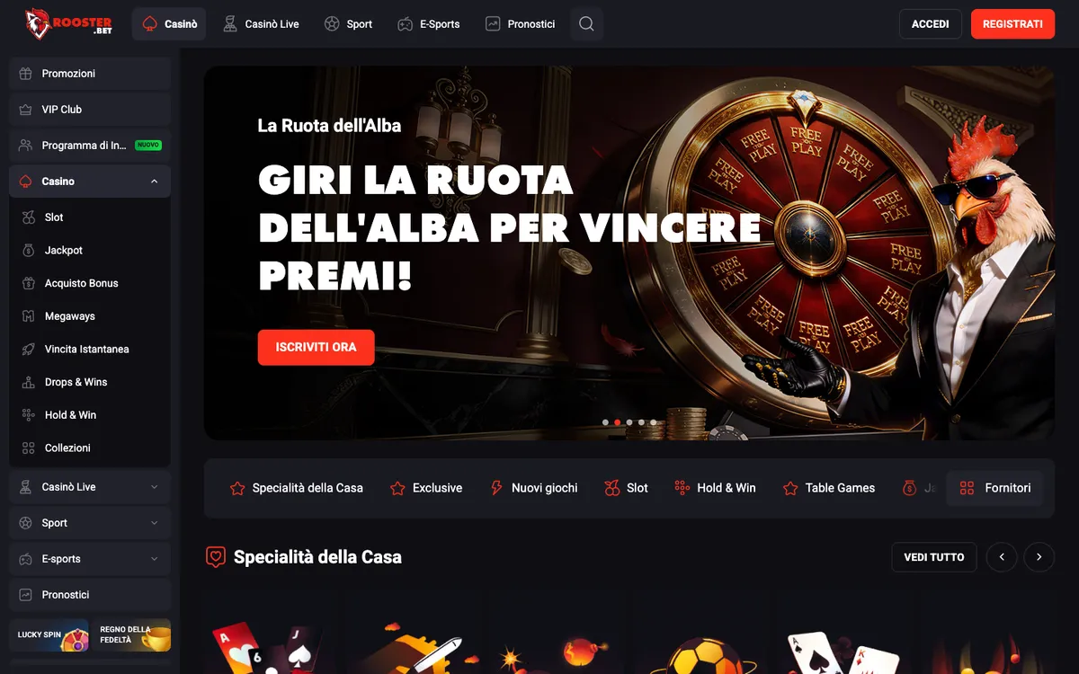 Rooster Bet Casino — Home page, captured from Italy