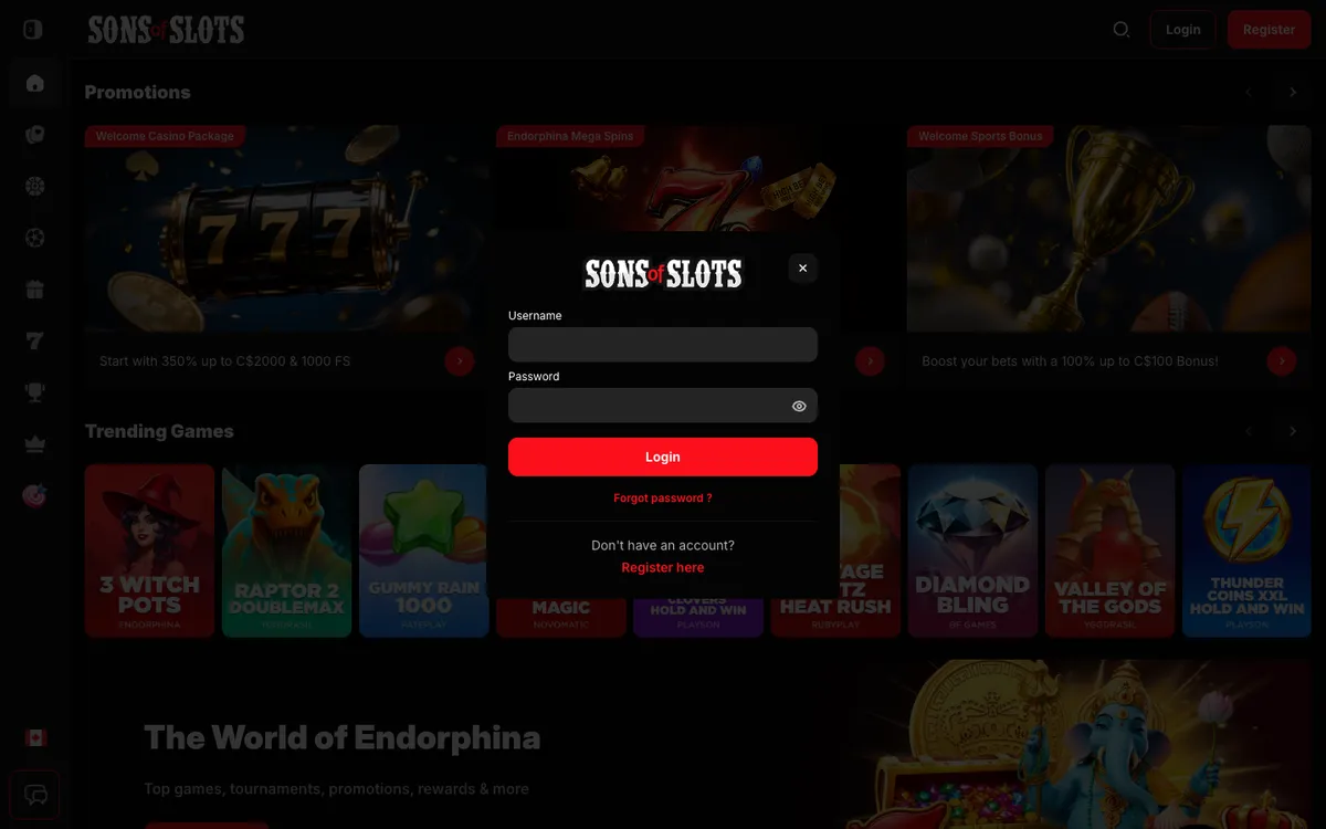 Sons of Slots Casino — Sign-up, captured from Canada