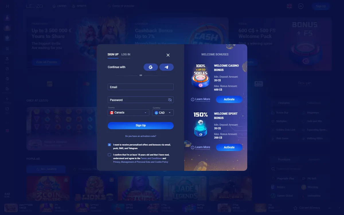 Legzo Casino — Sign-up, captured from Canada