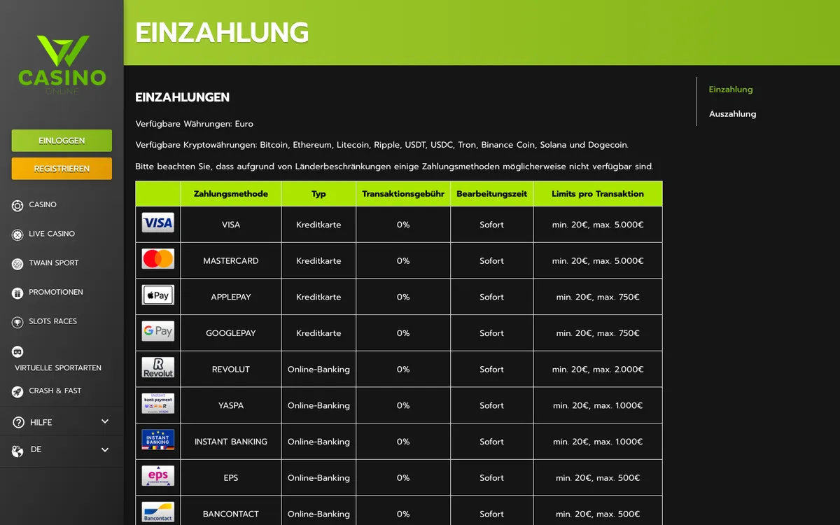 Wcasino Online — Payments, captured from Germany