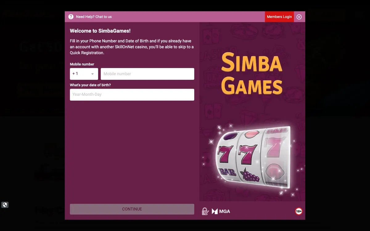 Simba Games — Sign-up, captured from Canada