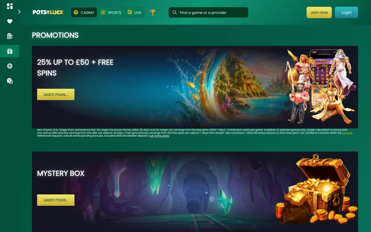PotsOfLuck Casino — «Акции», снято из страны Великобритания