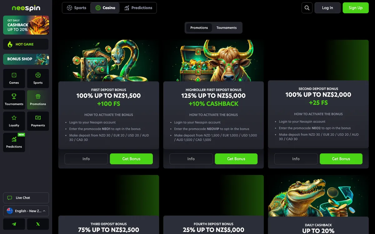 Neospin Casino — «Акции», снято из страны Новая Зеландия