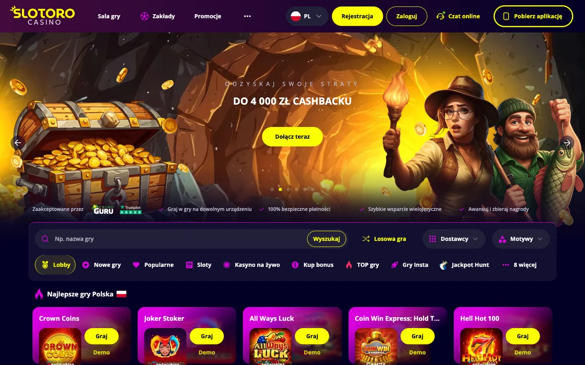 Slotoro Casino — «Главная», снято из страны Польша