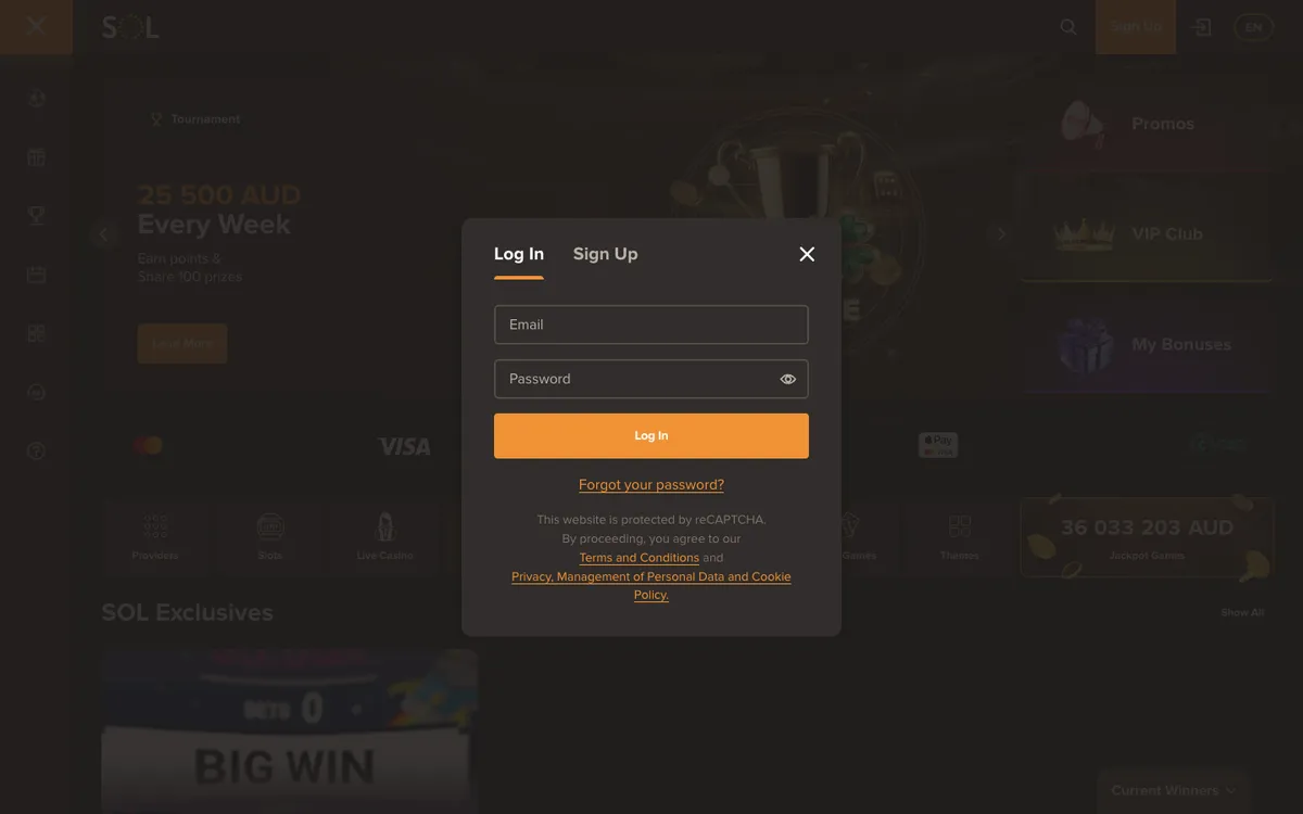 Sol Casino — Sign-up, captured from Australia