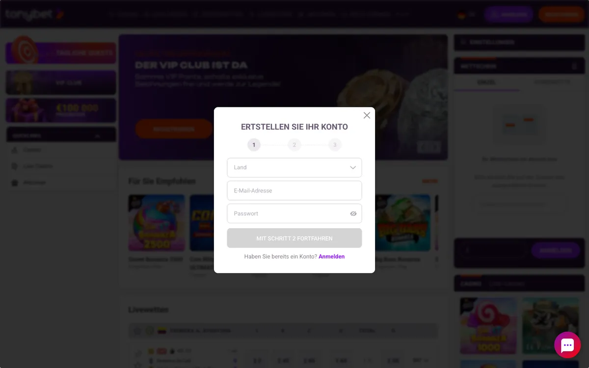 TonyBet Casino — «Регистрация», снято из страны Германия
