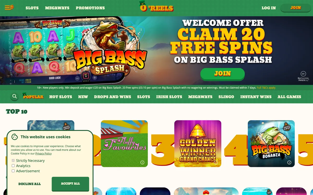 O'Reels Casino UK — Home page, captured from United Kingdom