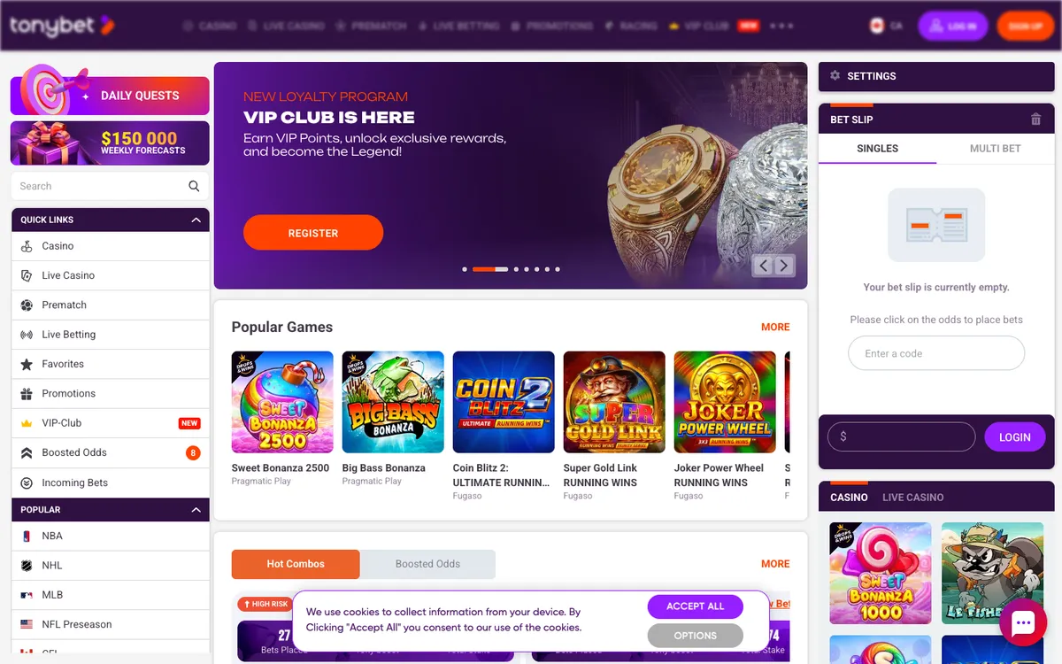 TonyBet Casino — Home page, captured from Canada