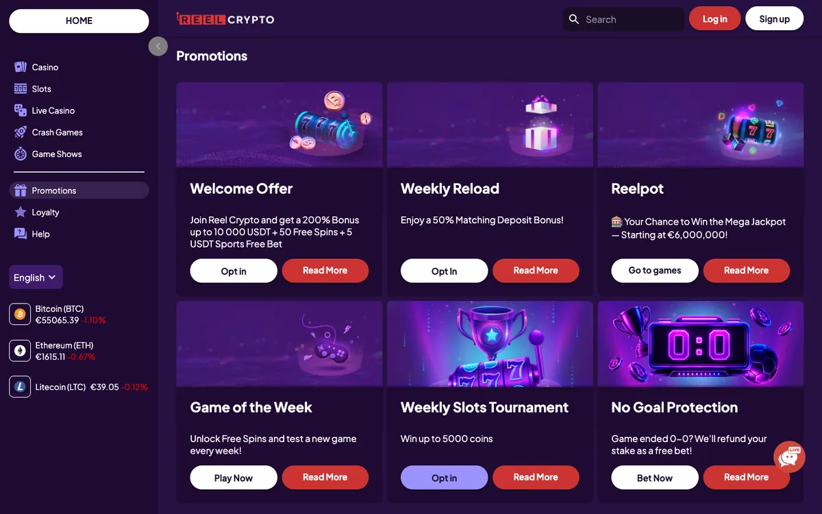Reel Crypto Casino — Promotions, captured from Italy