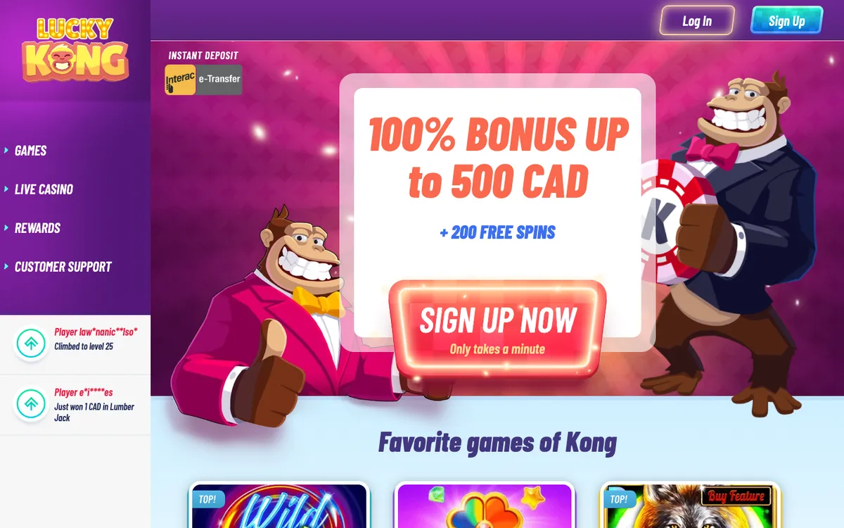 LuckyKong Casino — «Главная», снято из страны Канада