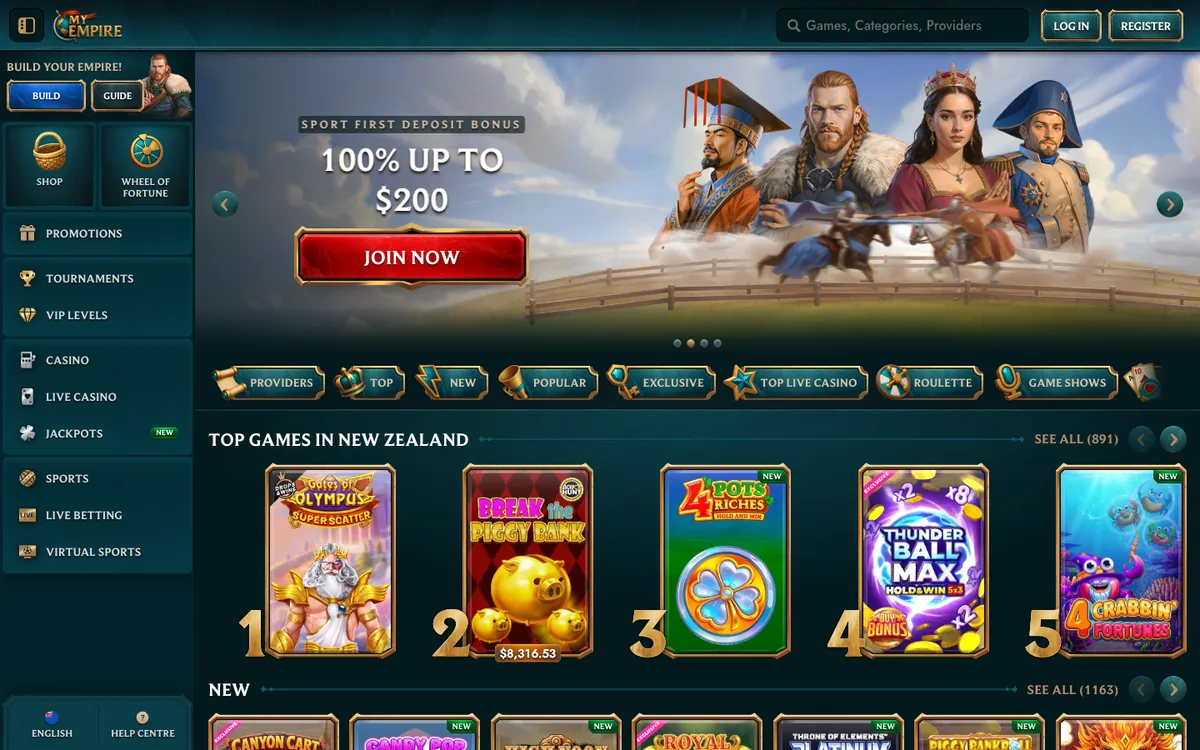 MyEmpire Casino — Home page, captured from New Zealand