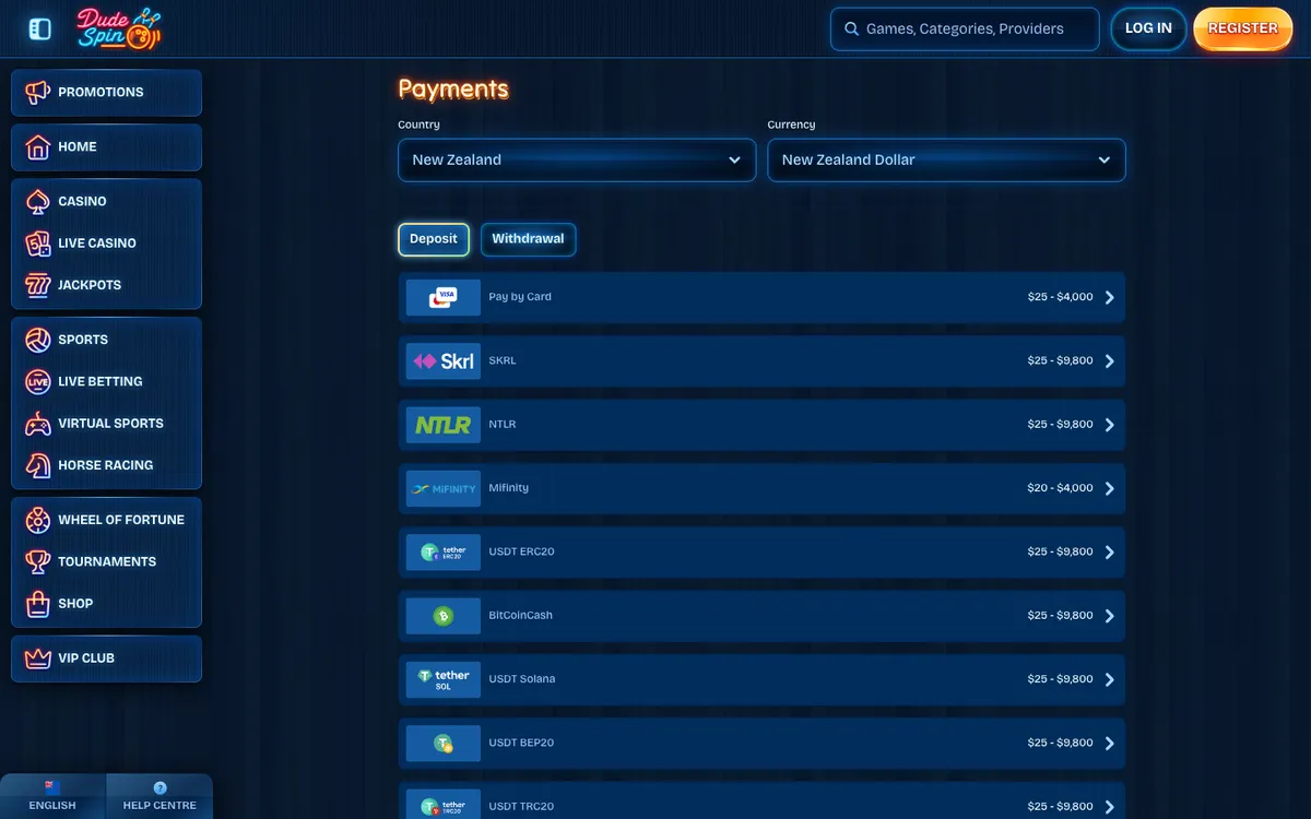 DudeSpin Casino — Payments, captured from New Zealand