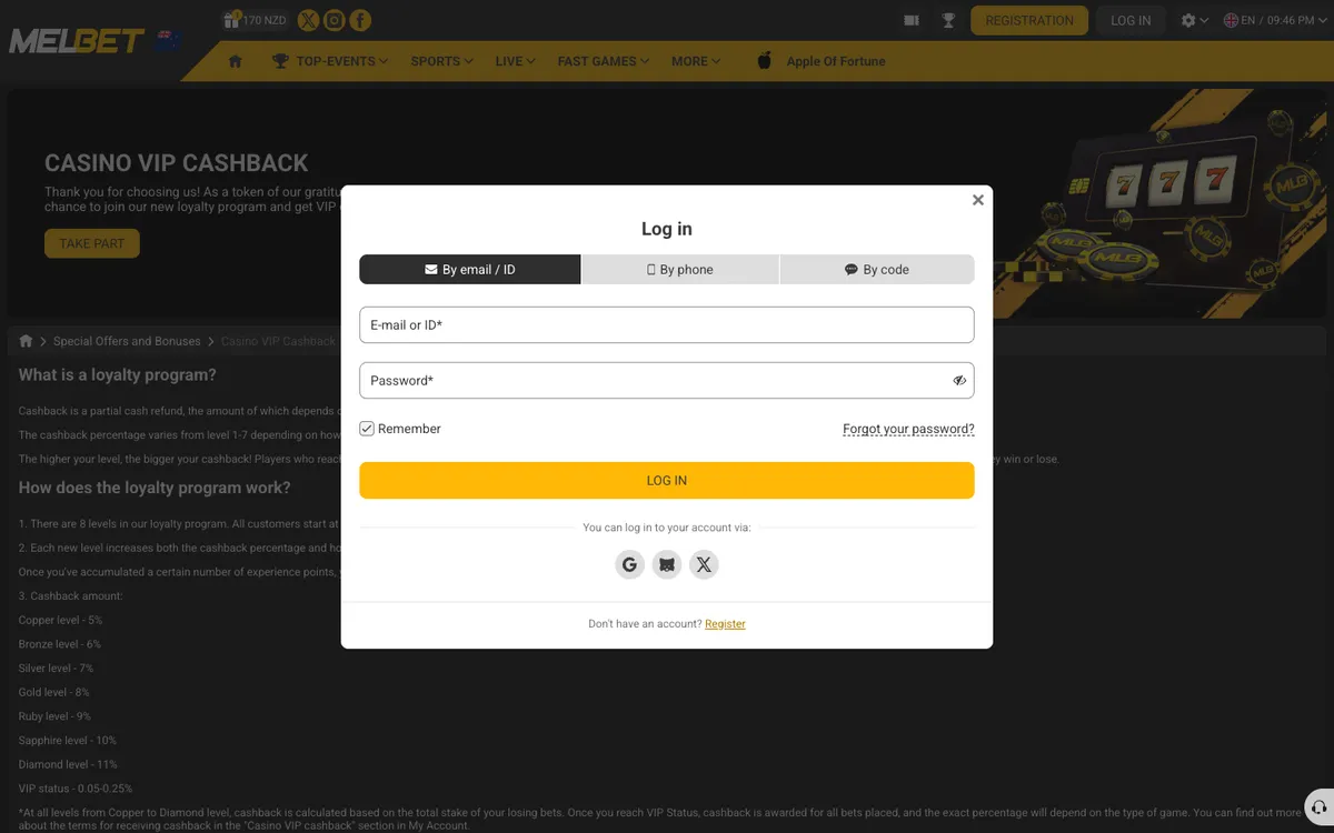 Melbet Casino — Sign-up, captured from New Zealand