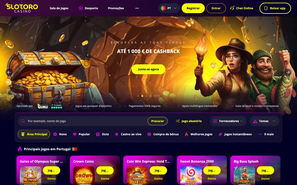 Slotoro Casino — Home page, captured from Portugal