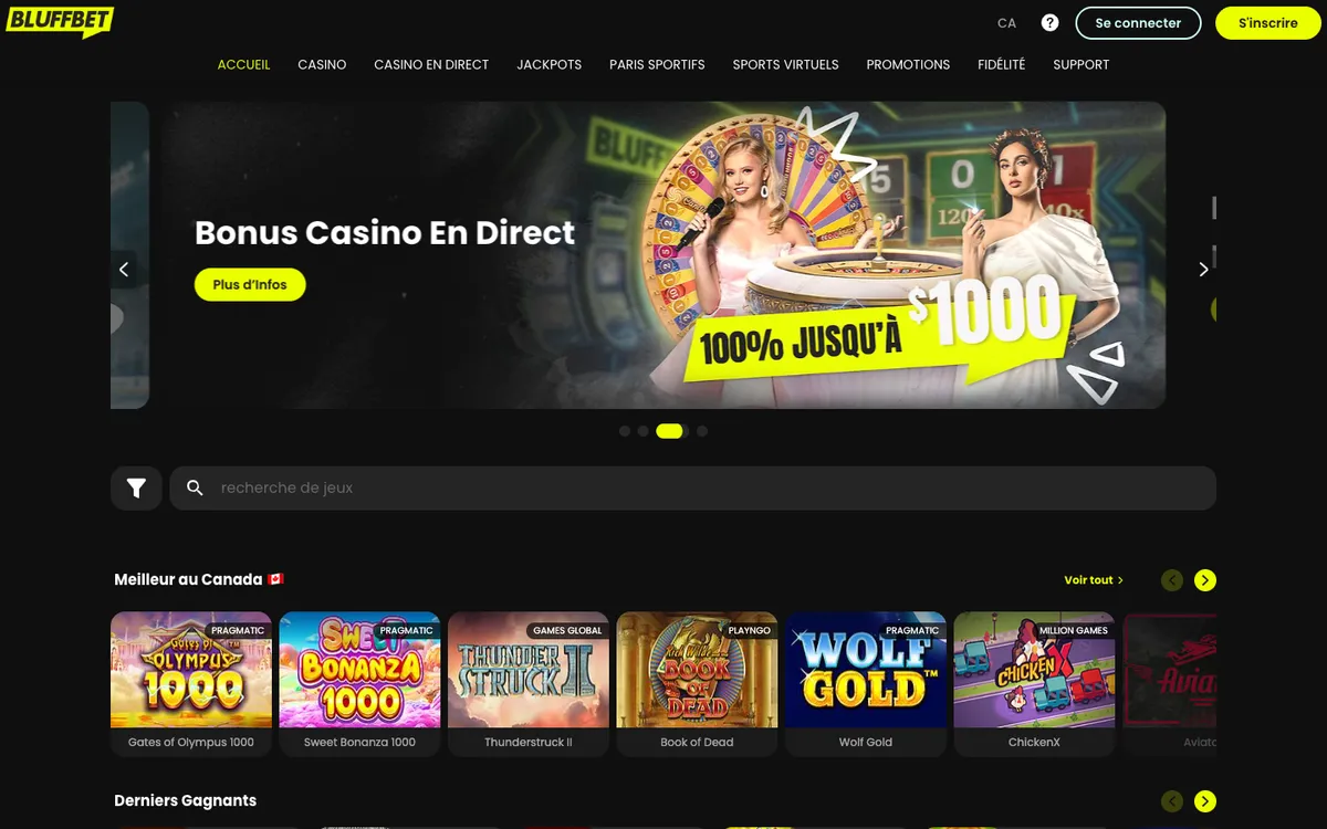 Bluffbet Casino — Home page, captured from Canada