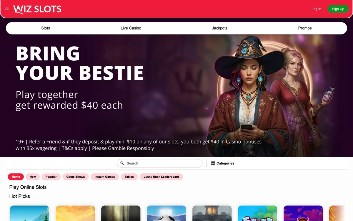 Wiz Slots Casino — Home page, captured from Canada